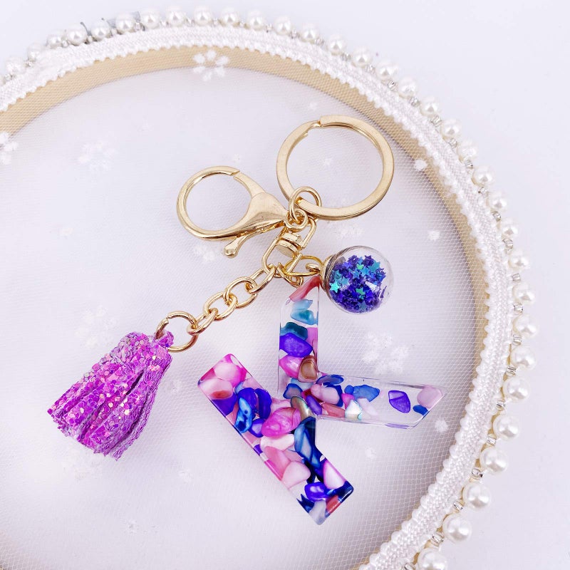 LAXPICOL Purple Letter K Keychain for Women Purse Handbags Resin Alphabet Initial Letter Pendant with Tassel Glass Ball - Image 3